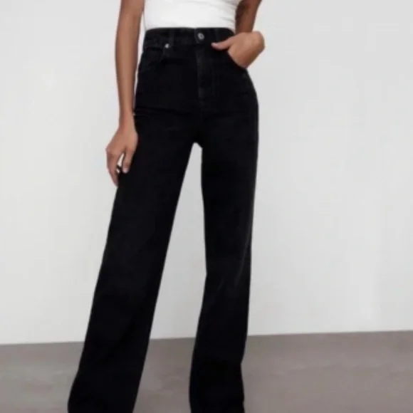 ZARA 2 Black high rise wide leg raw hem 100% cotton woman jean boho - Picture 2 of 14